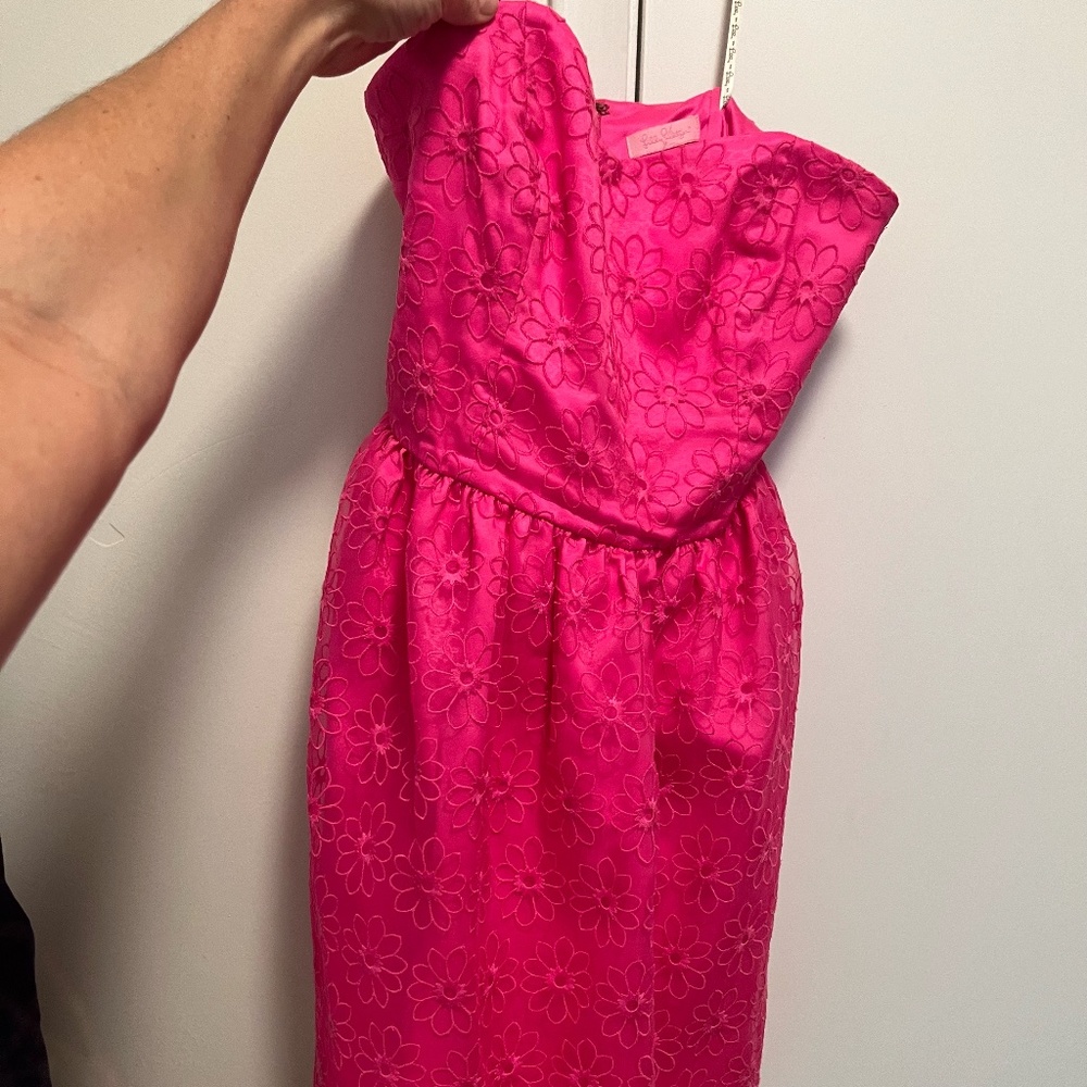 Lilly Pulitzer bold pink tube dress with flower overlay